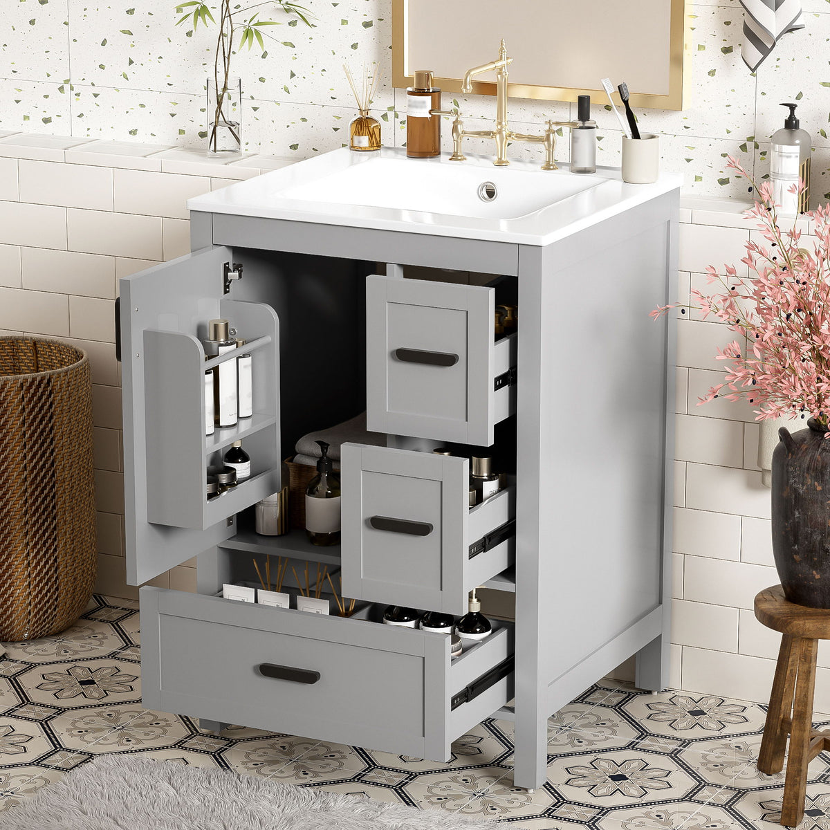 Bathroom Vanity With Sink, Soft Close Door, Double Layer Door Shelf And 3 Drawers - Gray