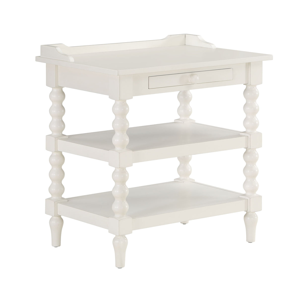 Aria - Nightstand With Styling, 2 Shelves, Pull Out Tray, Spool Turned Legs - Antique White