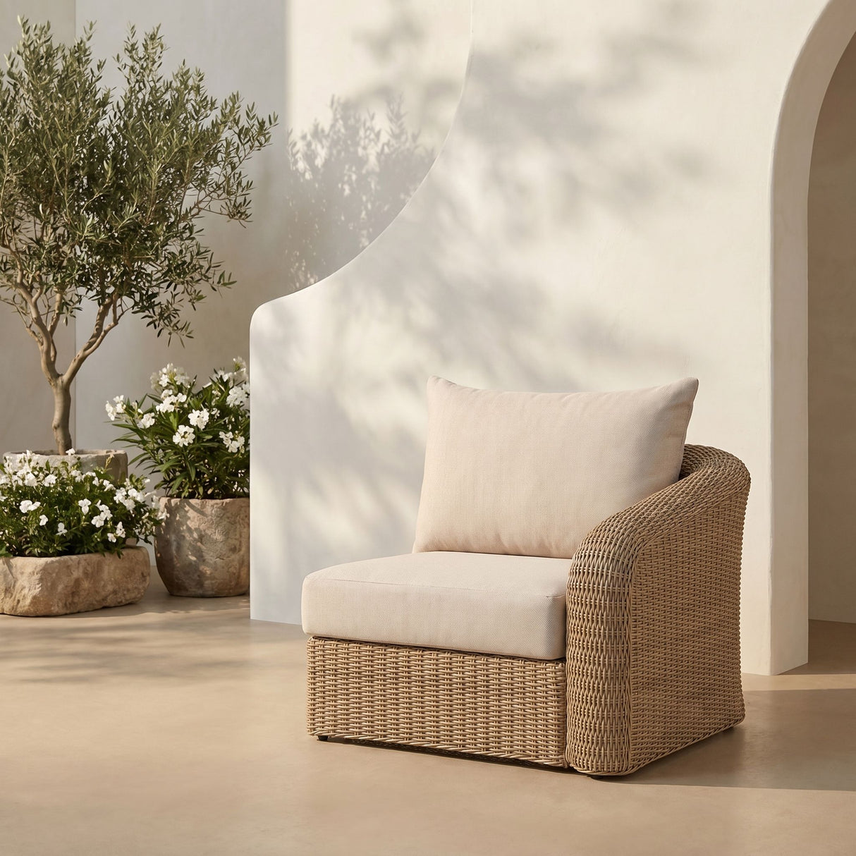 Seacrest - Olefin Water Resistant Fabric And Wicker Outdoor Patio Right Arm Chair