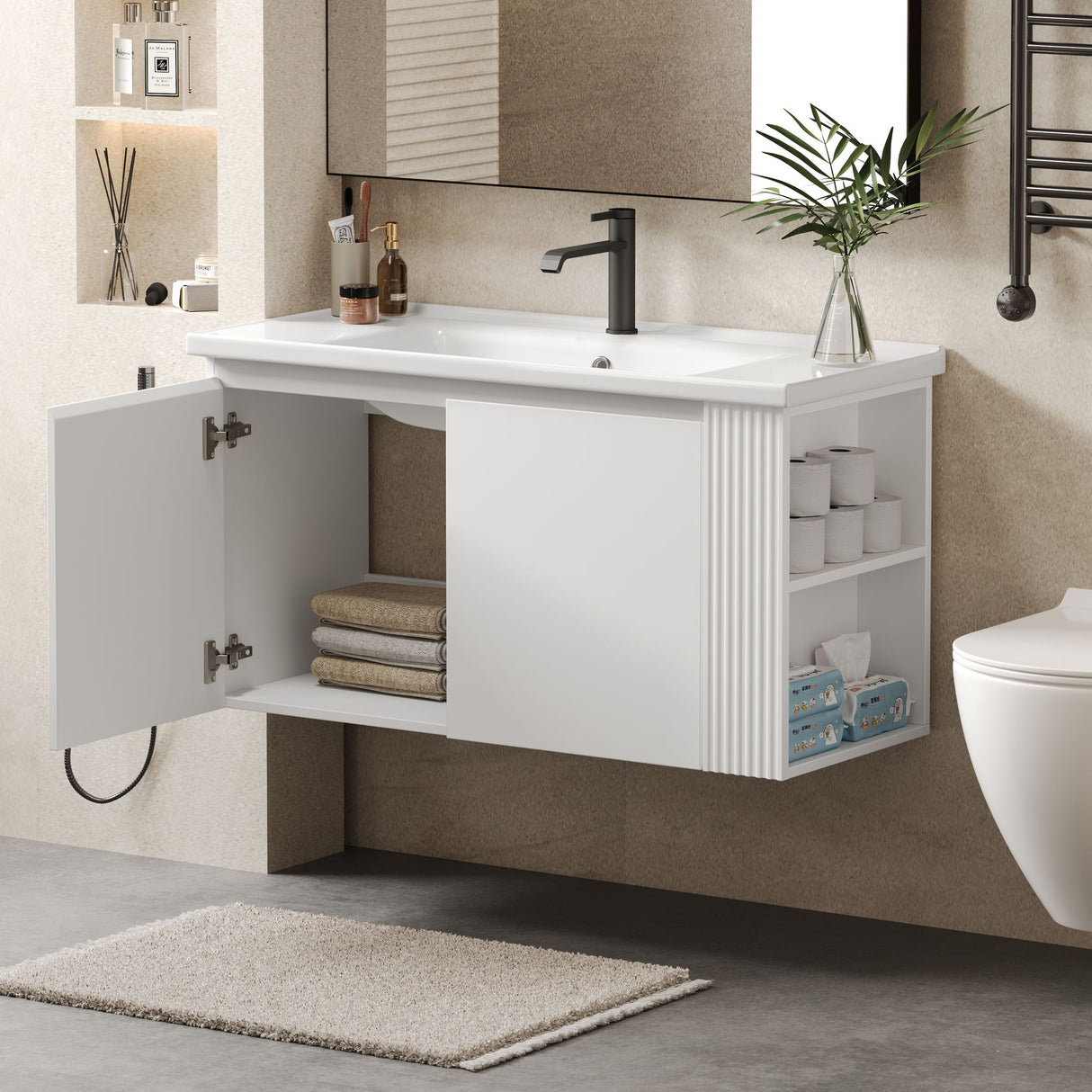 Wall Mounted Bathroom Vanity With Sink, 2 Open Shelves - White