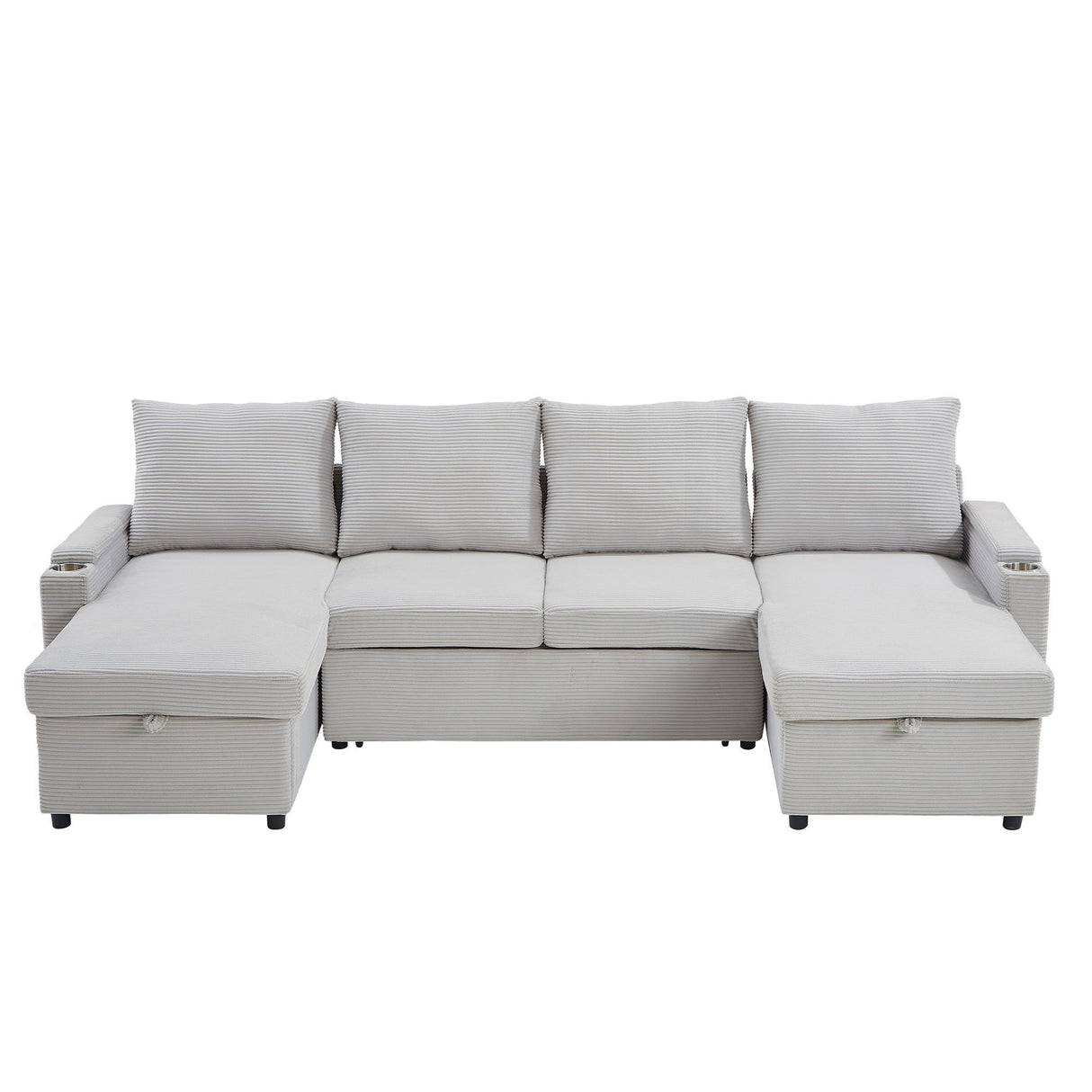 U Shaped Sectional Sofa Bed With Storage Chaise Lounges, USB Ports, And Cup Holders