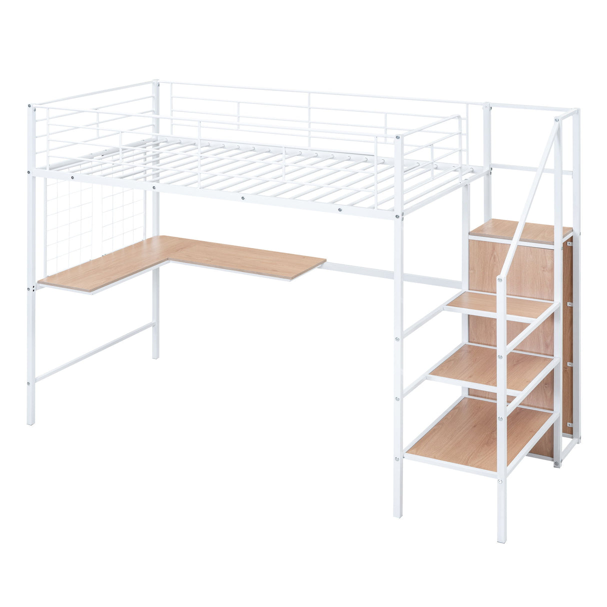 Loft Bed With Desk And Grid, Stylish Frame With Lateral Storage Ladder And Wardrobe