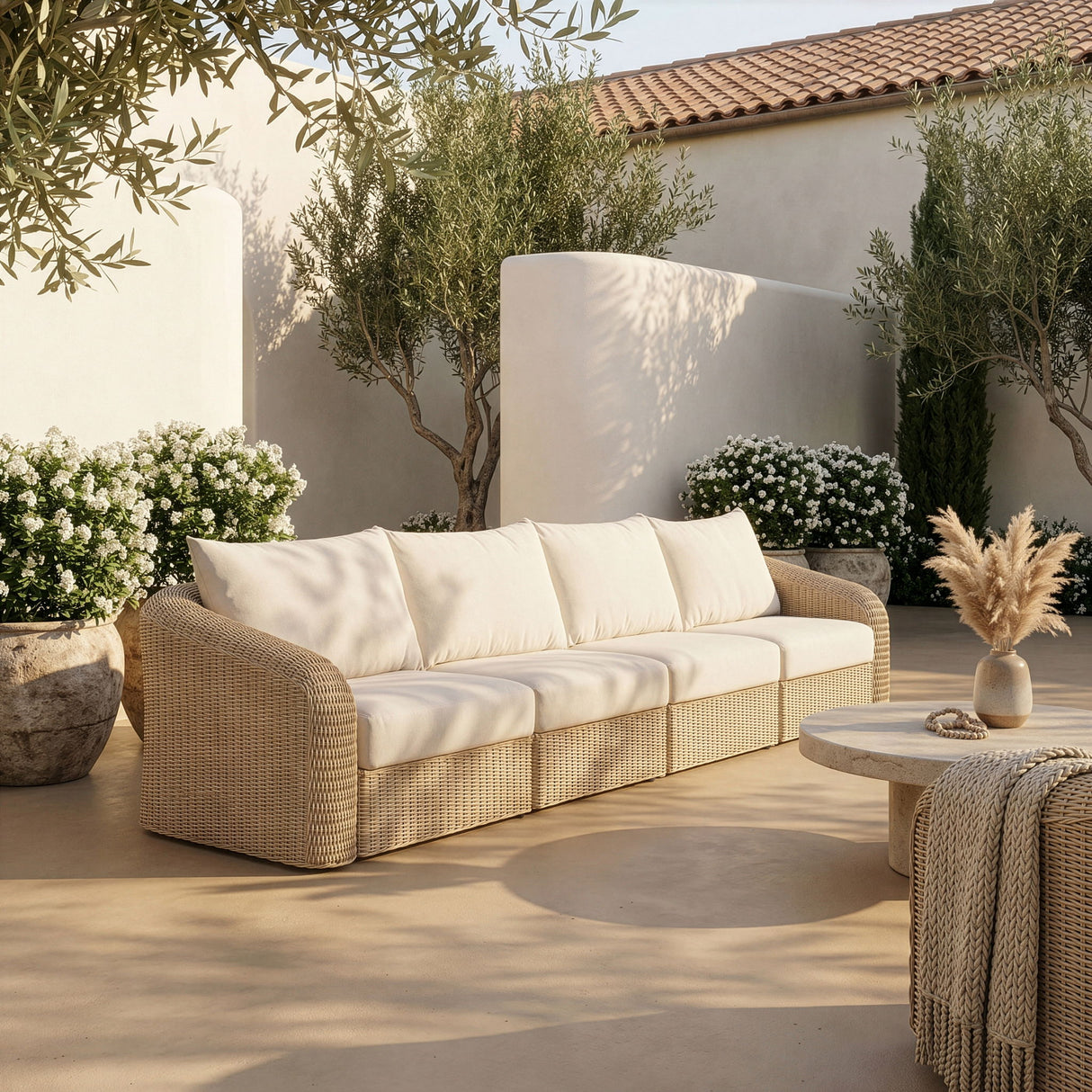 Seacrest - Olefin Water Resistant Fabric And Wicker 4 Piece Outdoor Patio Modular Sofa