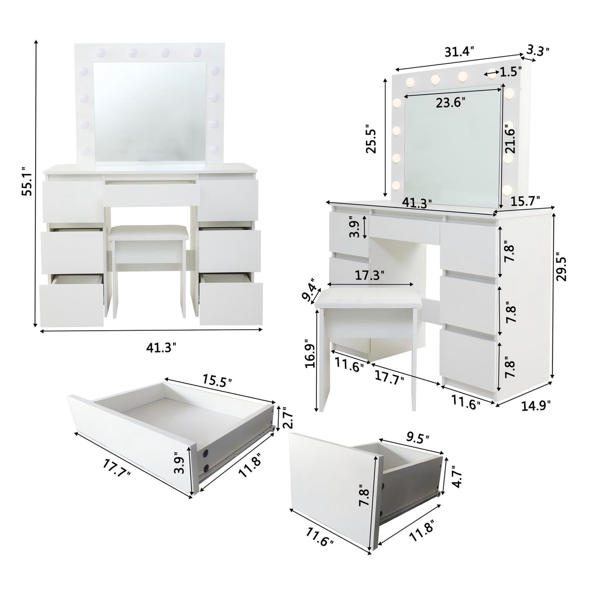 Large Vanity Tables With Mirror And Light - Matte White