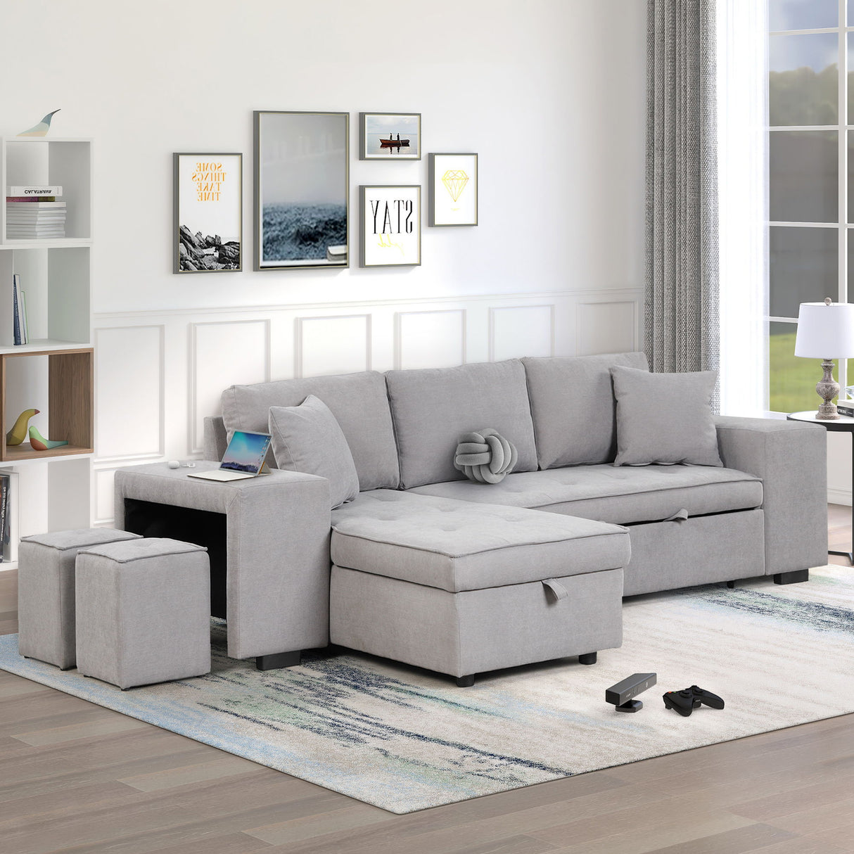 Modern L-Shape 3 Seat Reversible Sectional Couch, Pull Out Sleeper Sofa With Storage Chaise And 2 Stools For Living Room Furniture Set