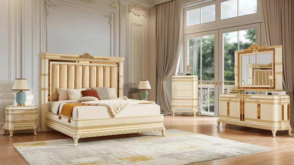 HD-1882 - 4 Piece Bedroom Set - Ivory / Gold