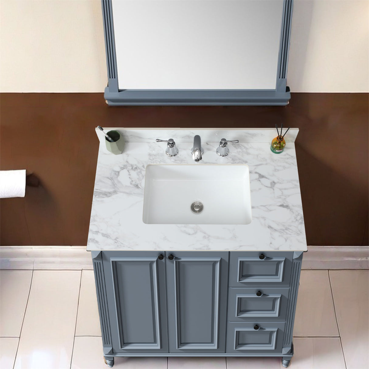 Elegant Sintered Stone Bathroom Vanity Top With Rectangular Undermount Ceramic Sink