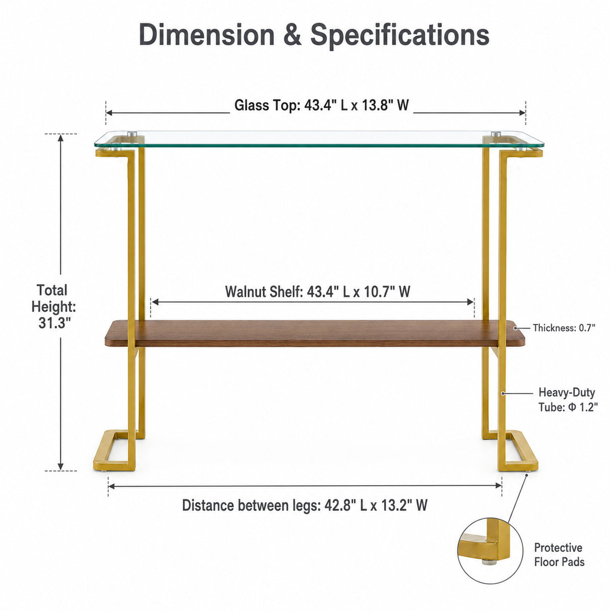 Console Table With Shelf, 2 Tier Living Room - Gold / Walnut