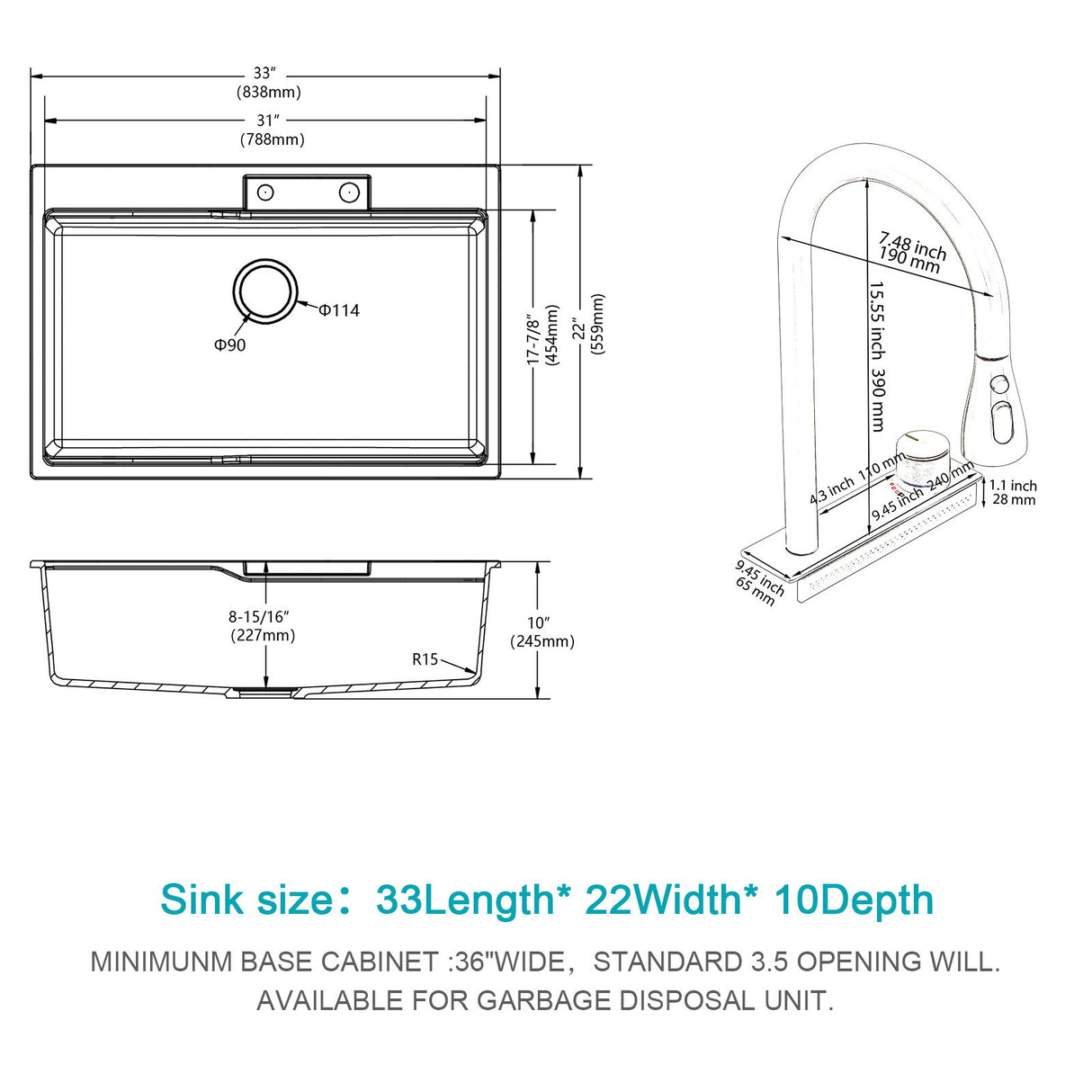 Waterfall Kitchen Sink With Pull Out Faucet & Cup Washer