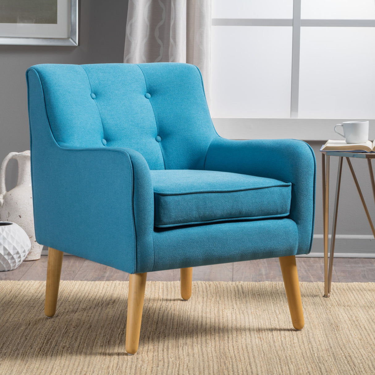 Modern Arm Chair With Tufted Back And Wooden Legs