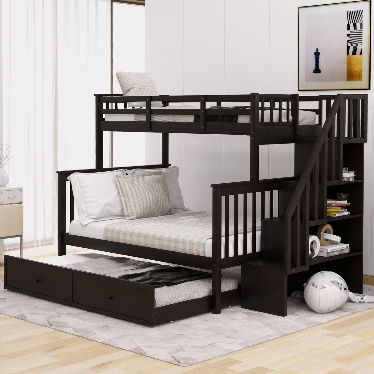 Bunk Bed With Twin Size Trundle, Storage And Guard Rail For Bedroom