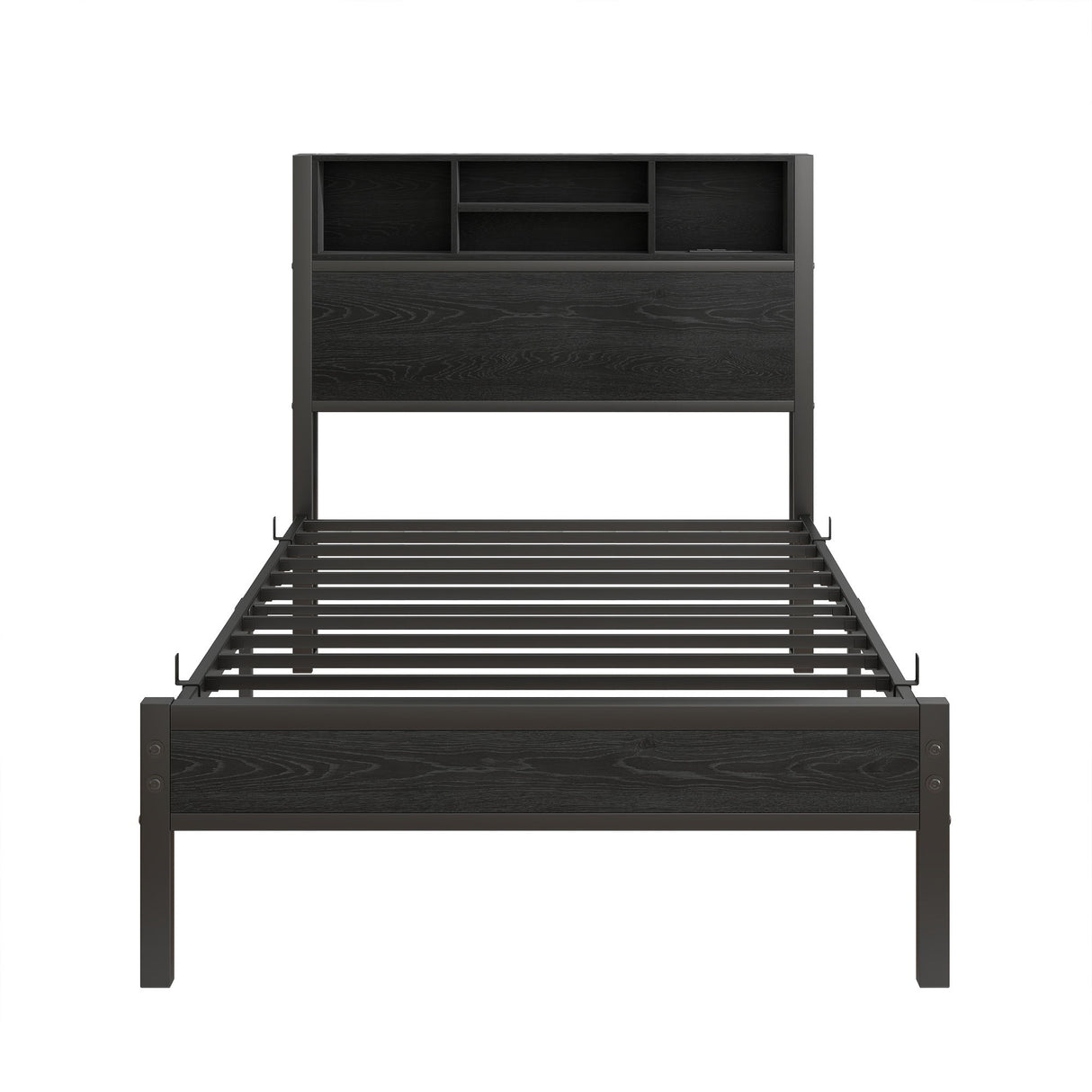 Modern Metal Platform Bed Frame With Storage Headboard And Charging Station