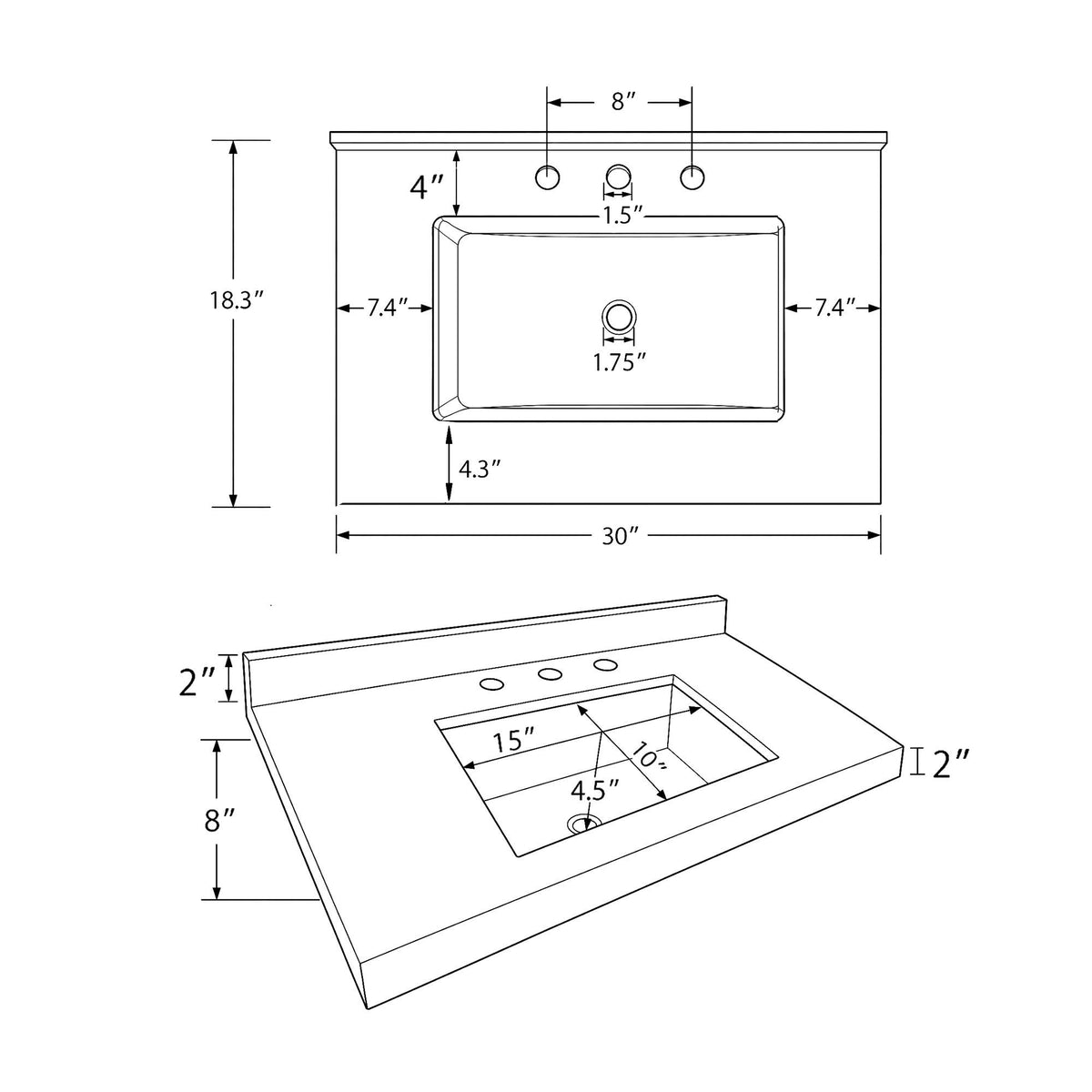 Basin Sink With 2" Thick Rim, Triple Faucet Holes, Sink Only