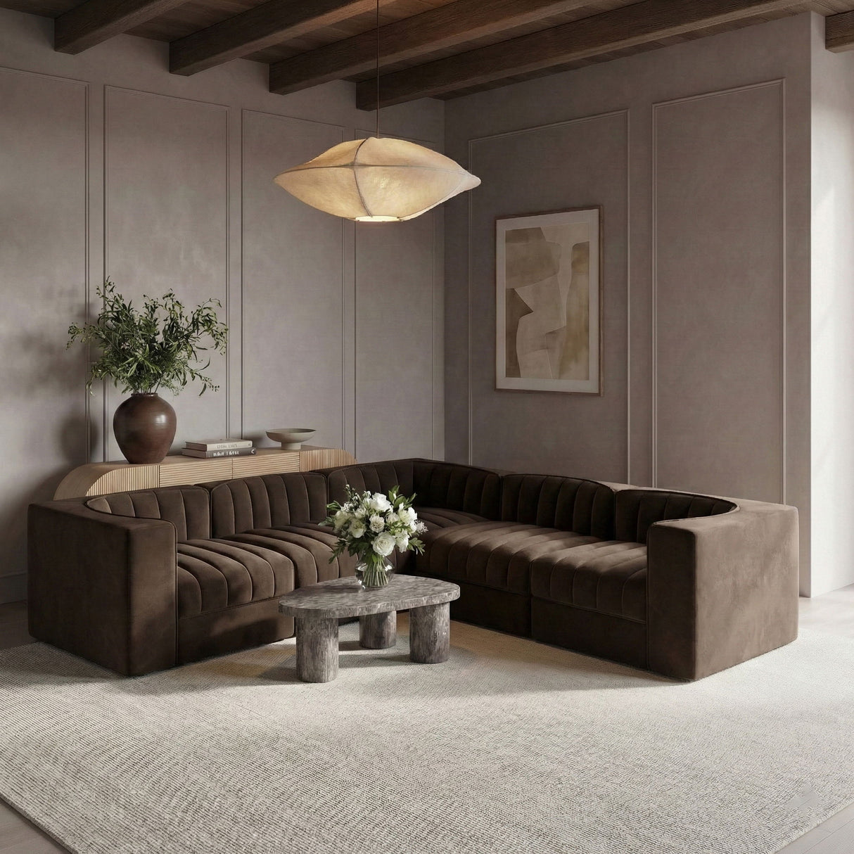 Rummi - Symmetrical Velvet Performance Fabric Upholstered 5 Piece Modular Sectional
