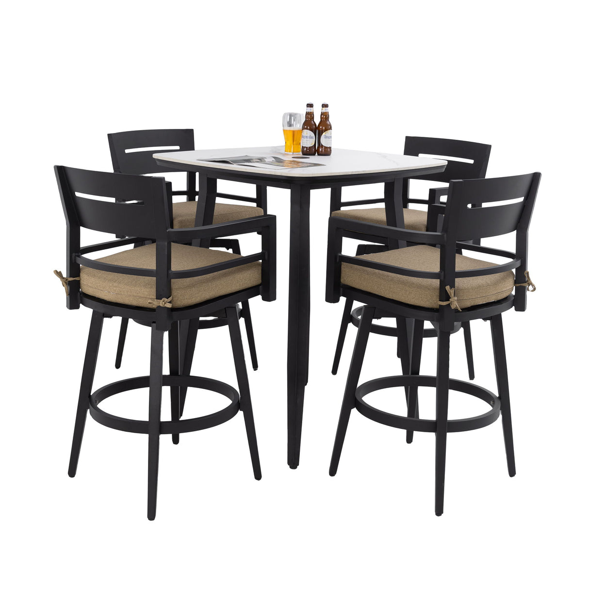 5 Pieces Outdoor Patio Bar Set, Rounded Square Sintered Stone Table & 4 Swivel Bar Chairs