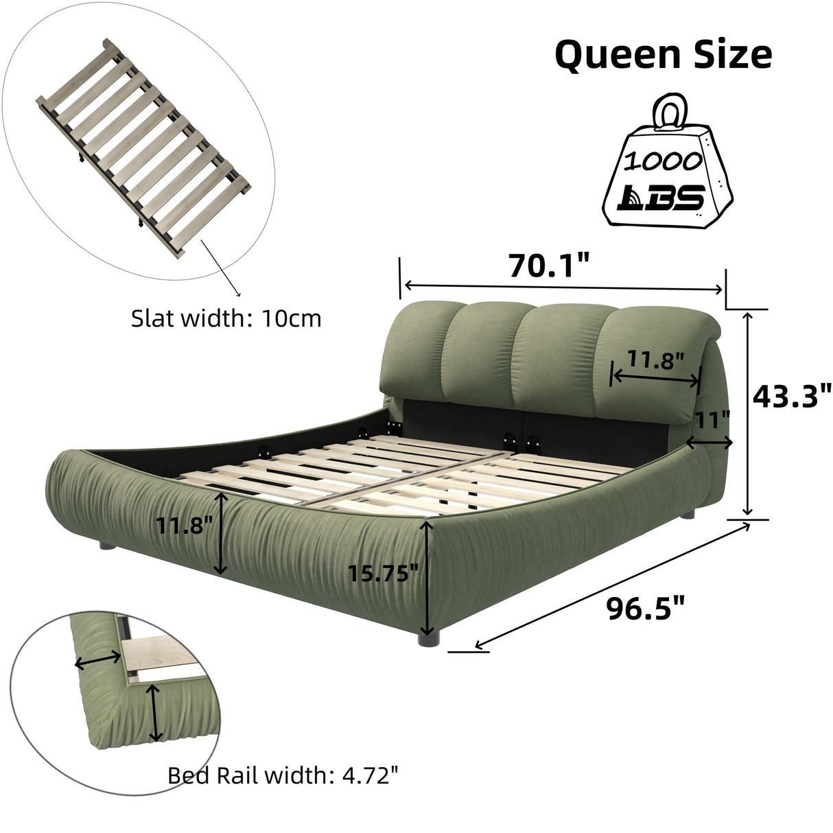 Luxury Upholstered Platform Bed With Oversized Padded Backrest And Solid Wood Frame