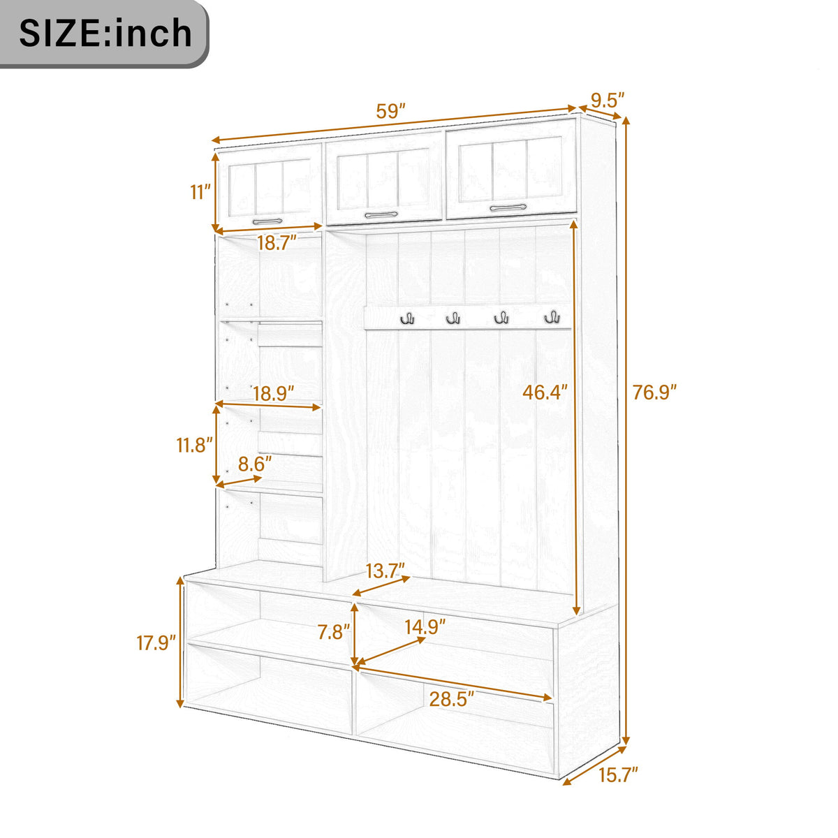 Hall Tree With Bench And Shoe Storage, 5 In 1 Entryway Bench With Coat Rack, Storage Organizer Cabinet With 4 Hooks For Hallway - Black