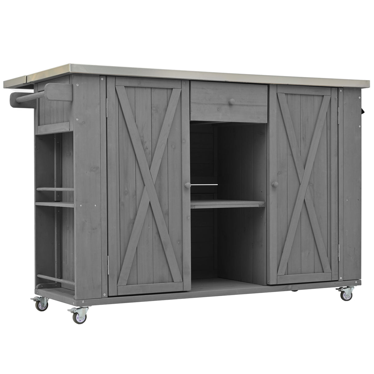 Outdoor Kitchen Island With Stainless Steel Top, Ample Storage Space, Towel And Spice Racks And A Bottle Opener