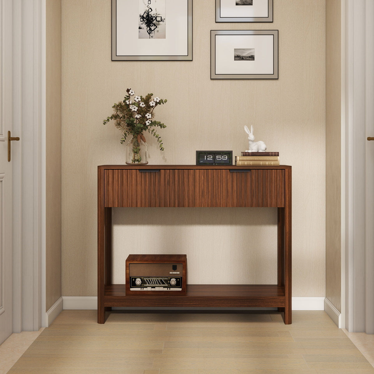 Mid-Century Modern Fluted Console Table With 2 Drawers & Open Shelf, Walnut Finish Narrow Entryway Table, Slim Sofa Table For Hallway, Living Room, Small Spaces, Easy Assembly