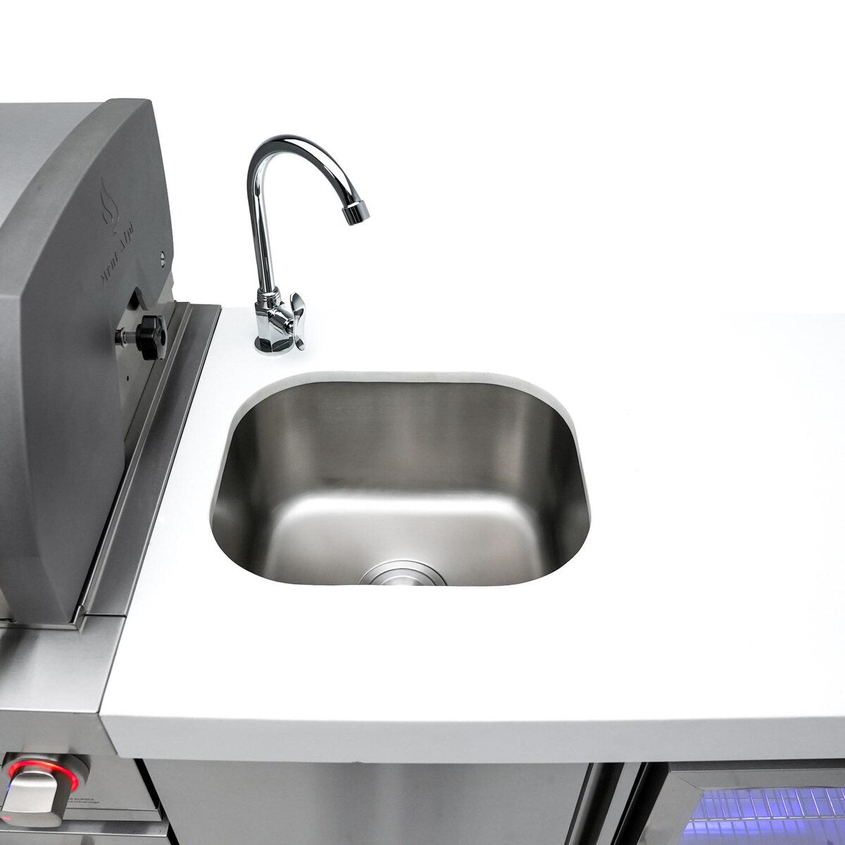 Mont Alpi Deluxe Series 10.5 Ft L-Shaped Propane Outdoor Kitchen Island w/ Side Burner & Beverage Center- MAi400-D90BEV