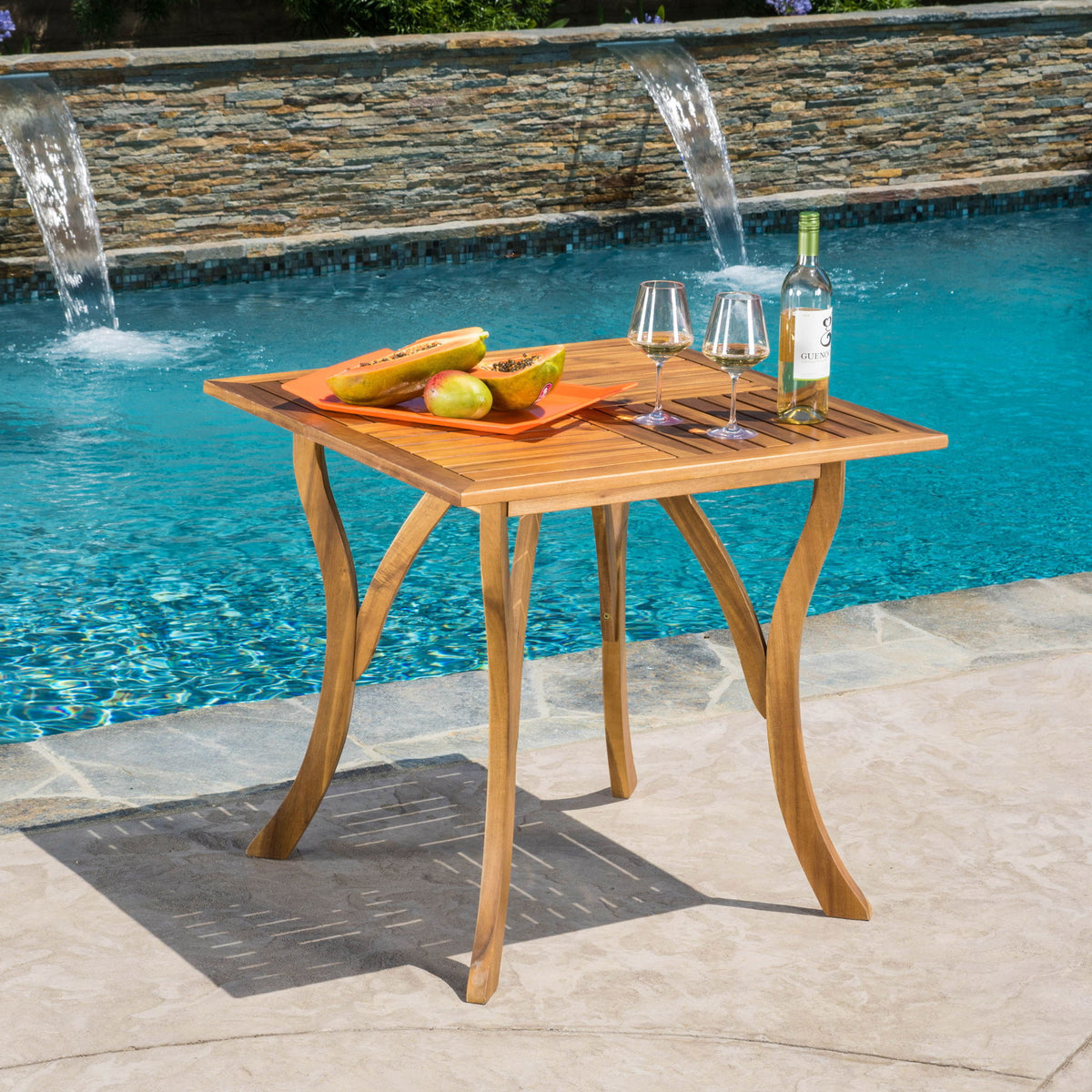 Outdoor Rectangular Table With Curved Legs And Perpendicular Wooden Slats Table Top