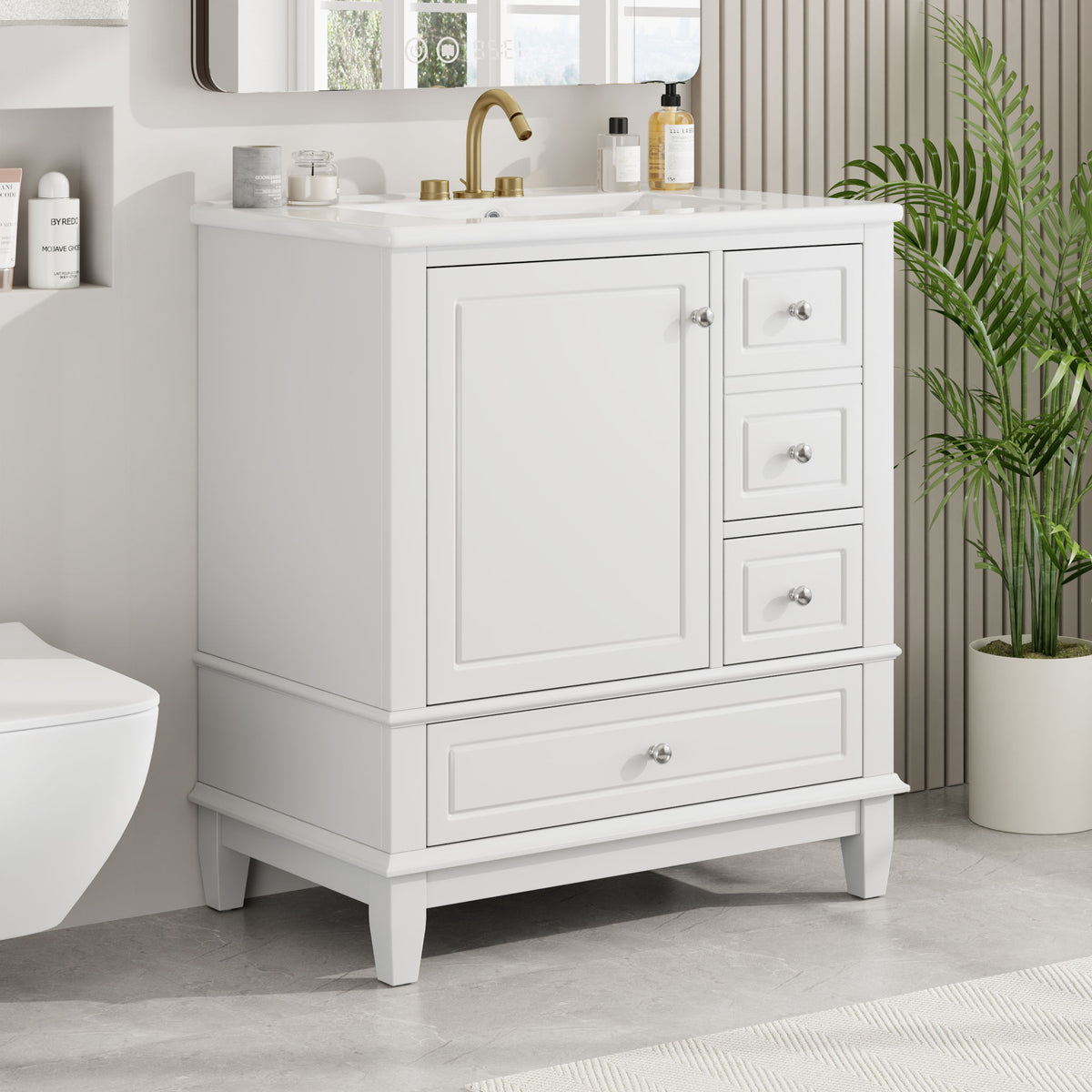 Freestanding Bathroom Vanity With Sink, Soft Close Door, 3 Drawers - White