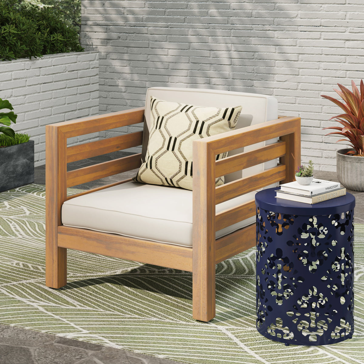 Outdoor Acacia Wood Patio Chair With Fabric Cushion