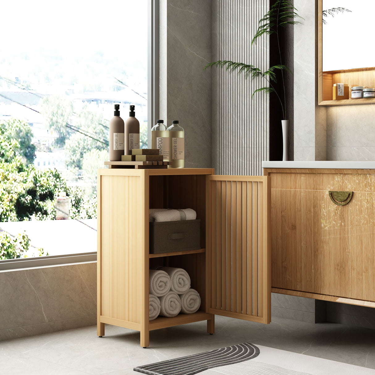 Bamboo Freestanding Storage Cabinet With Door And Shelf For Bathroom, Living Room, Kitchen - Natural / Natural Wood