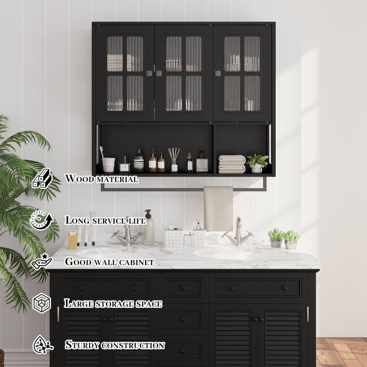 3 Door Wall Cabinet With Glass Door And Towel Bar