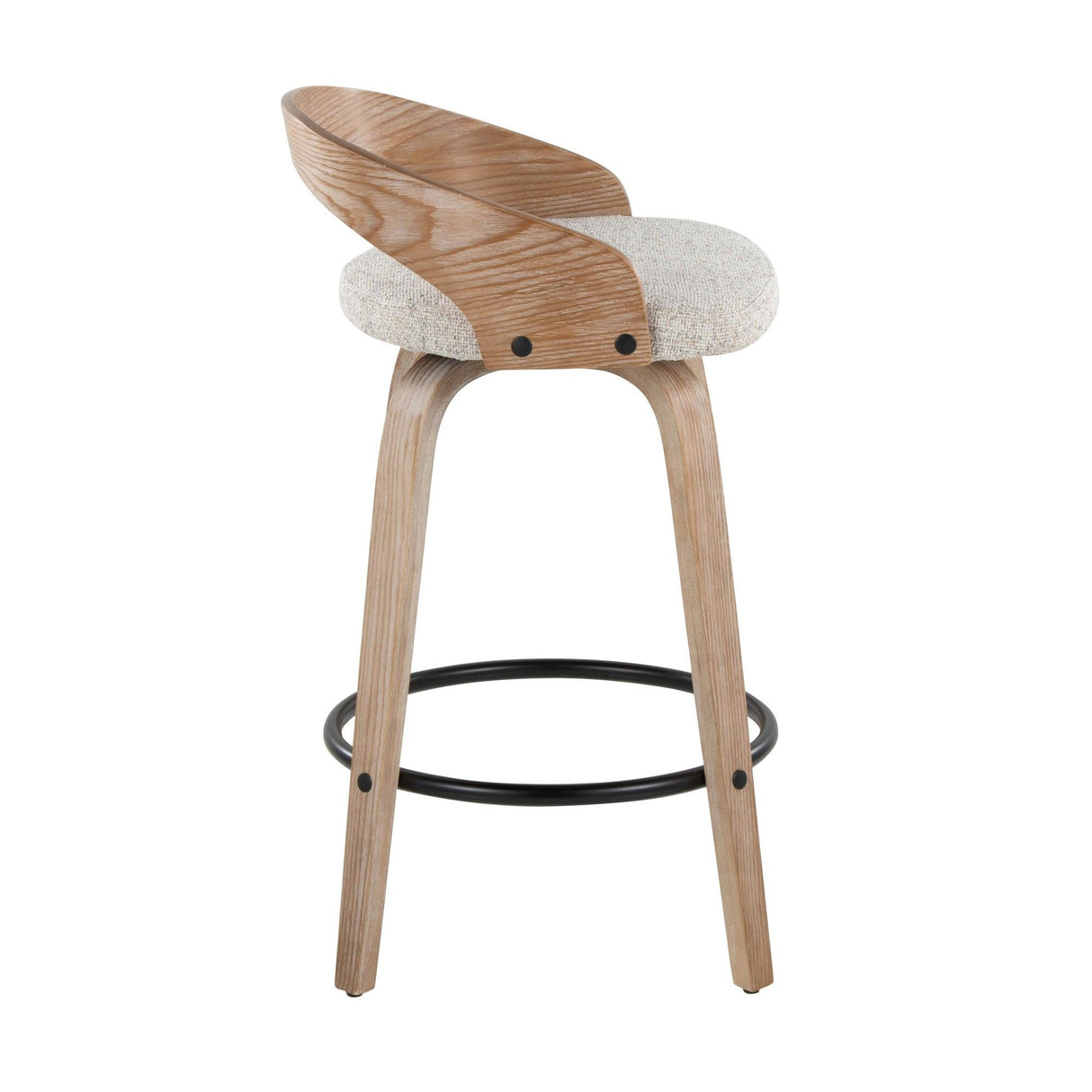 Grotto - 26" Fixed-Height Counter Stool With Swivel And Round Black Metal Footrest (Set of 2) - White Washed Wood And Oat Fabric