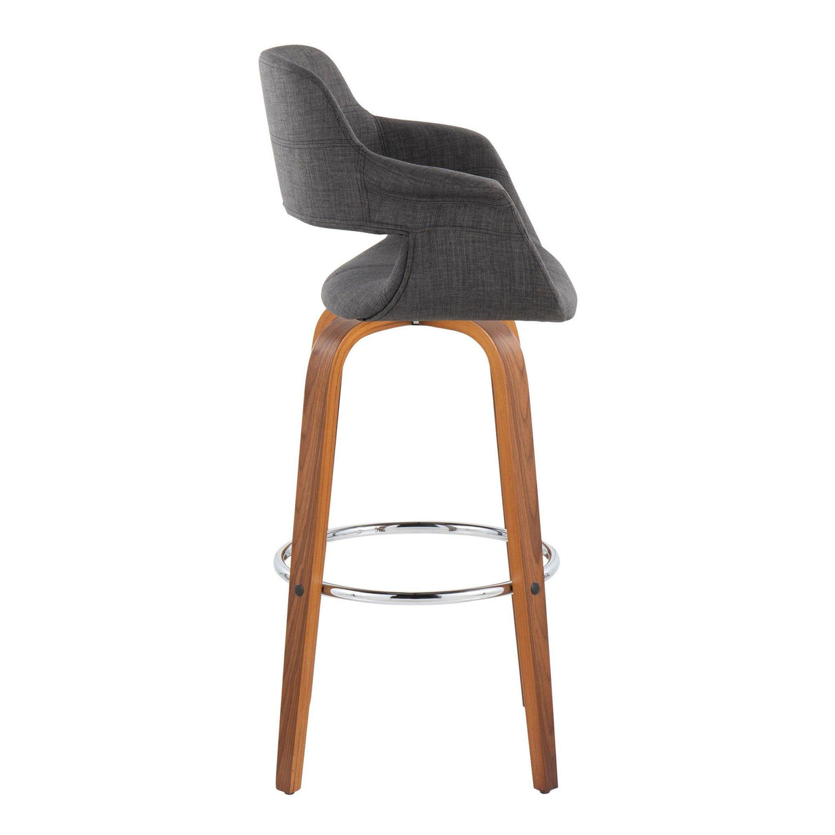 Vintage Flair - Mid-Century Modern Fixed-Height Swivel Barstool (Set of 2) - Walnut Wood And Charcoal Fabric With Round Chrome Metal Footrest