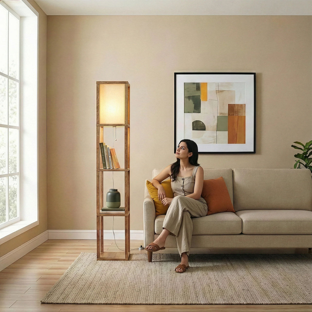 Pinnacle - Shelf Floor Lamp For Bedroom / Living Room, Long Shade - Natural Wood / White