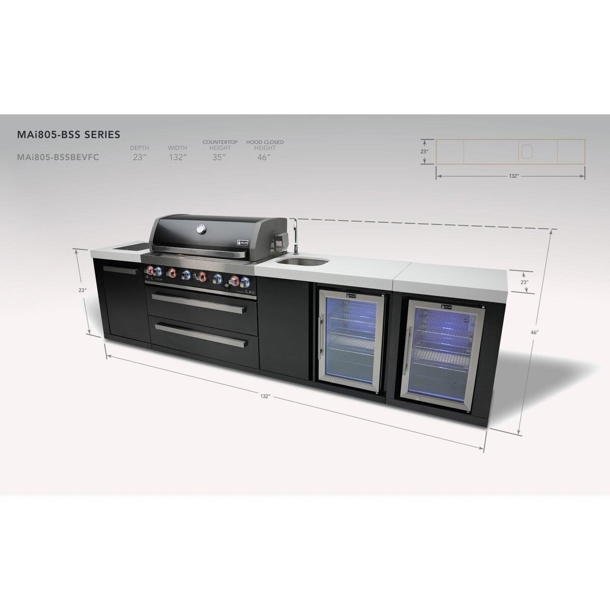 Mont Alpi Black Series 11 Ft Propane Outdoor Kitchen Island w/ Side Burner, Beverage Center & Fridge - MAi805-BSSBEVFC