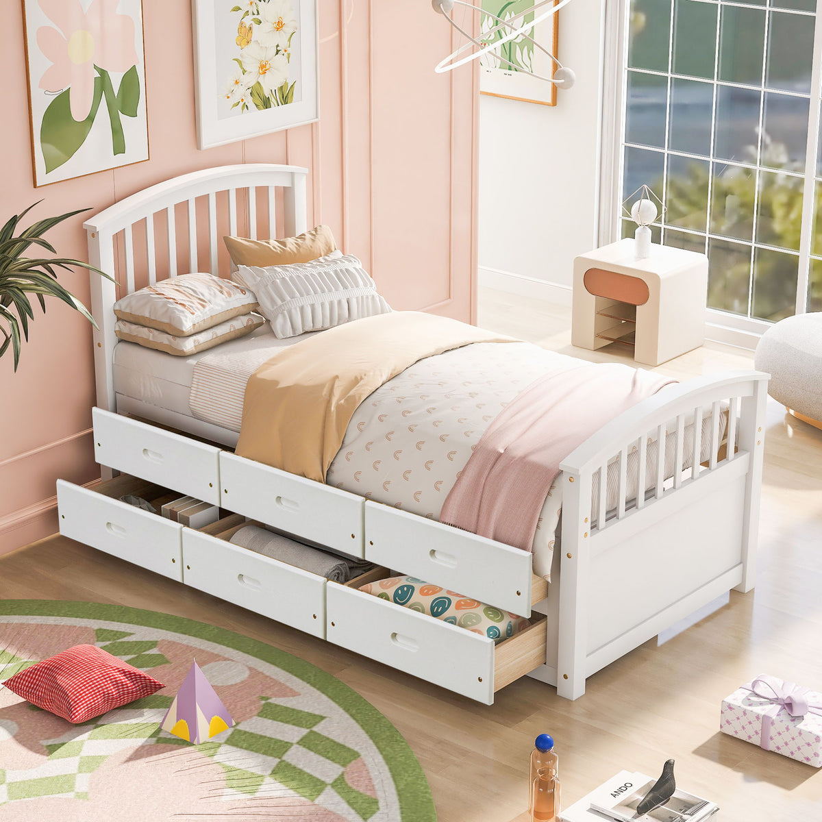Twin Size Platform Storage Bed Solid Wood Bed With 6 Drawers - White
