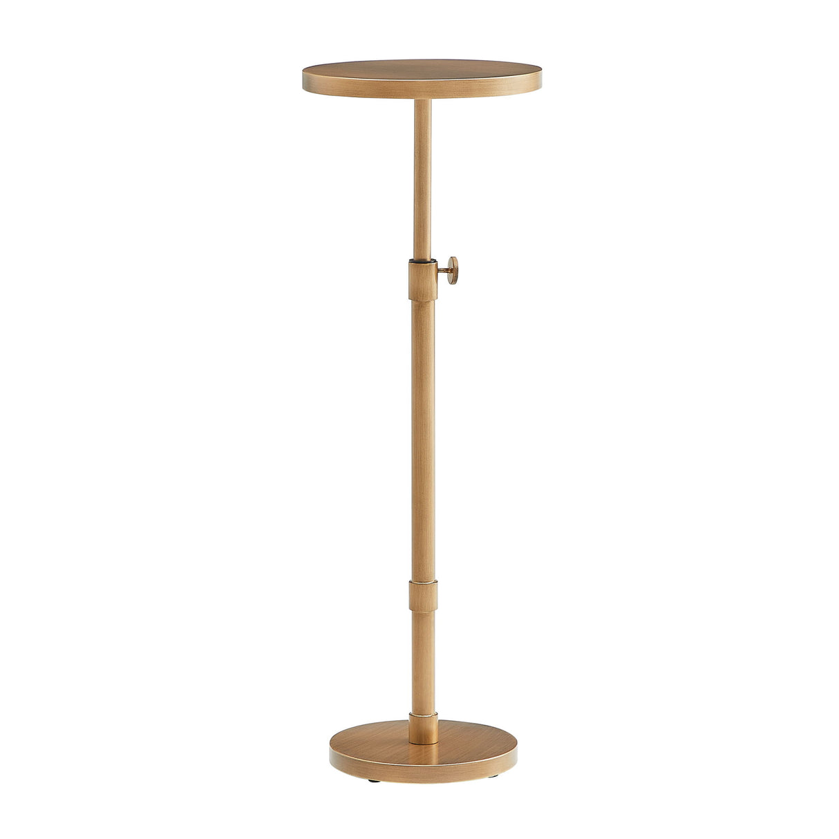 Morven - Adjustable Height Accent Table With Round Metal Top And Pedestal Base - Antique Brass