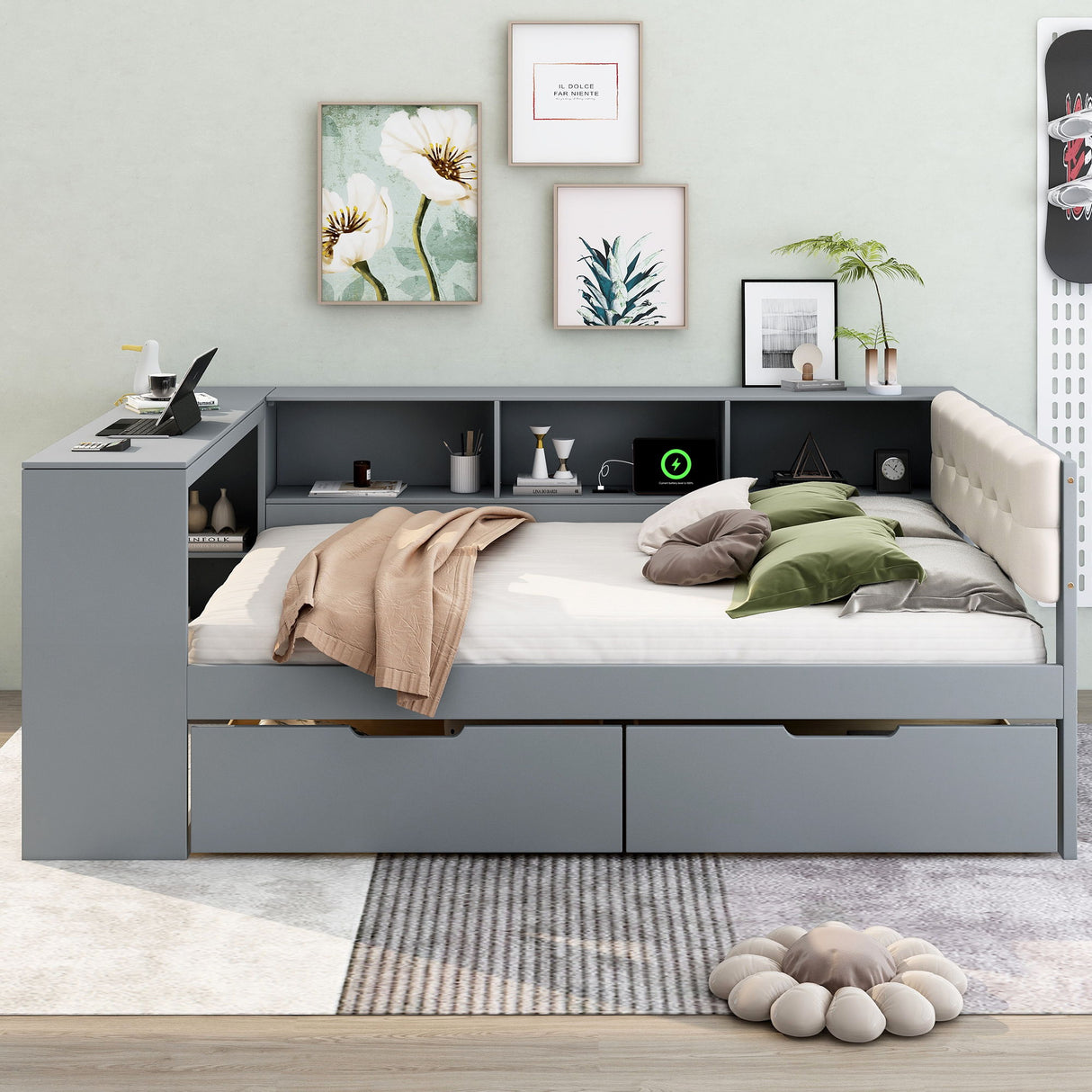 Upholstered Headboard Platform Bed With Storage Shelves, Drawers, Charging Station