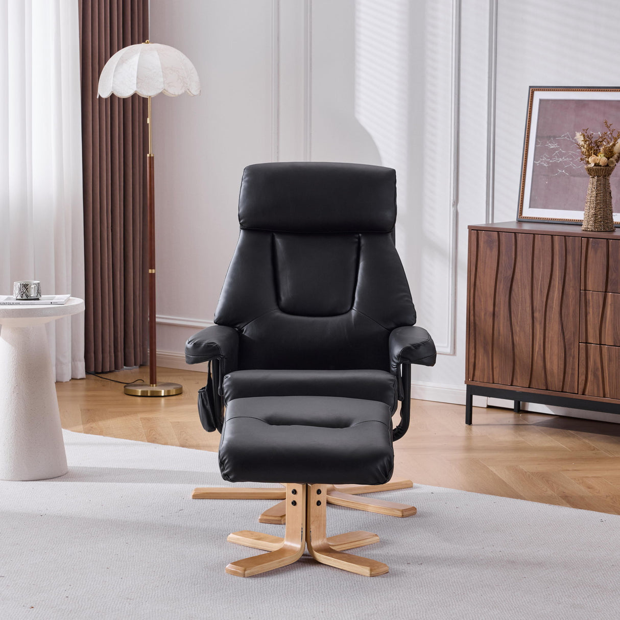 Massage Recliner With Ottoman, 360° Swivel, Heat & Vibration - Black Pu