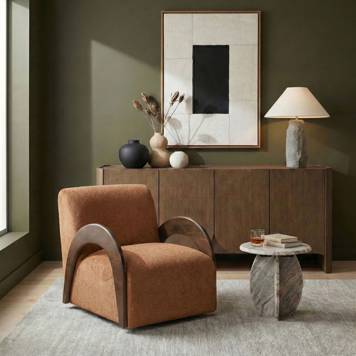 Neria - Chenille Fabric Upholstered Swivel Accent Chair - Painted Brown Base