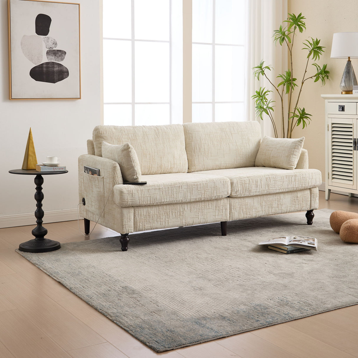 Chenille 2 Seater Sofa With LED Light, USB Charging Port, And Storage Bag