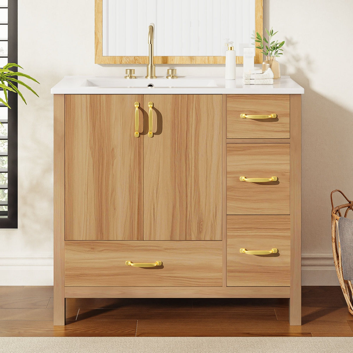 36" Bathroom Vanity, 2 Soft Close Doors, 4 Soft Close Drawers, Adjustable Shelf, Storage Cabinet - Acacia Wood