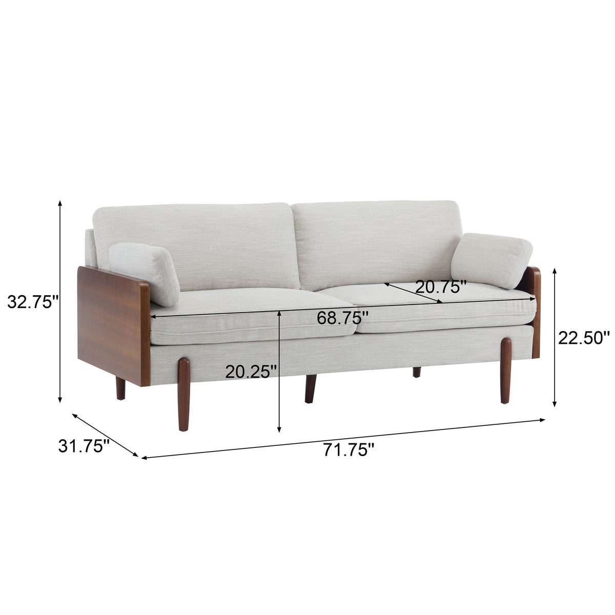 Sofa With Wood Sides And Rounded Legs - Beige