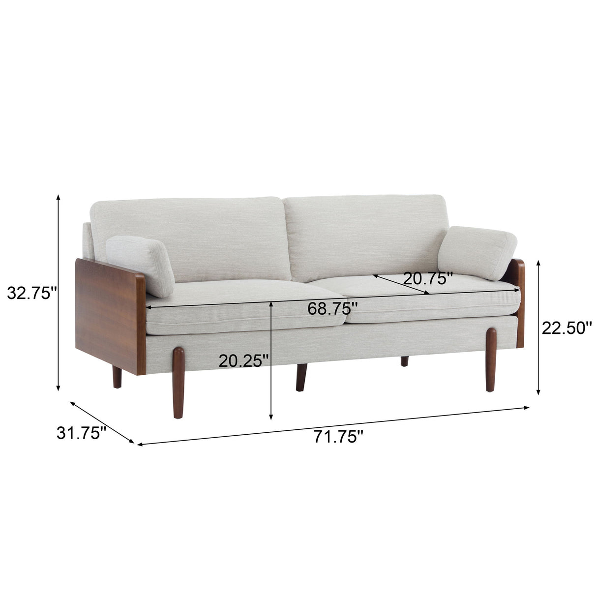 Sofa With Wood Sides And Rounded Legs - Beige