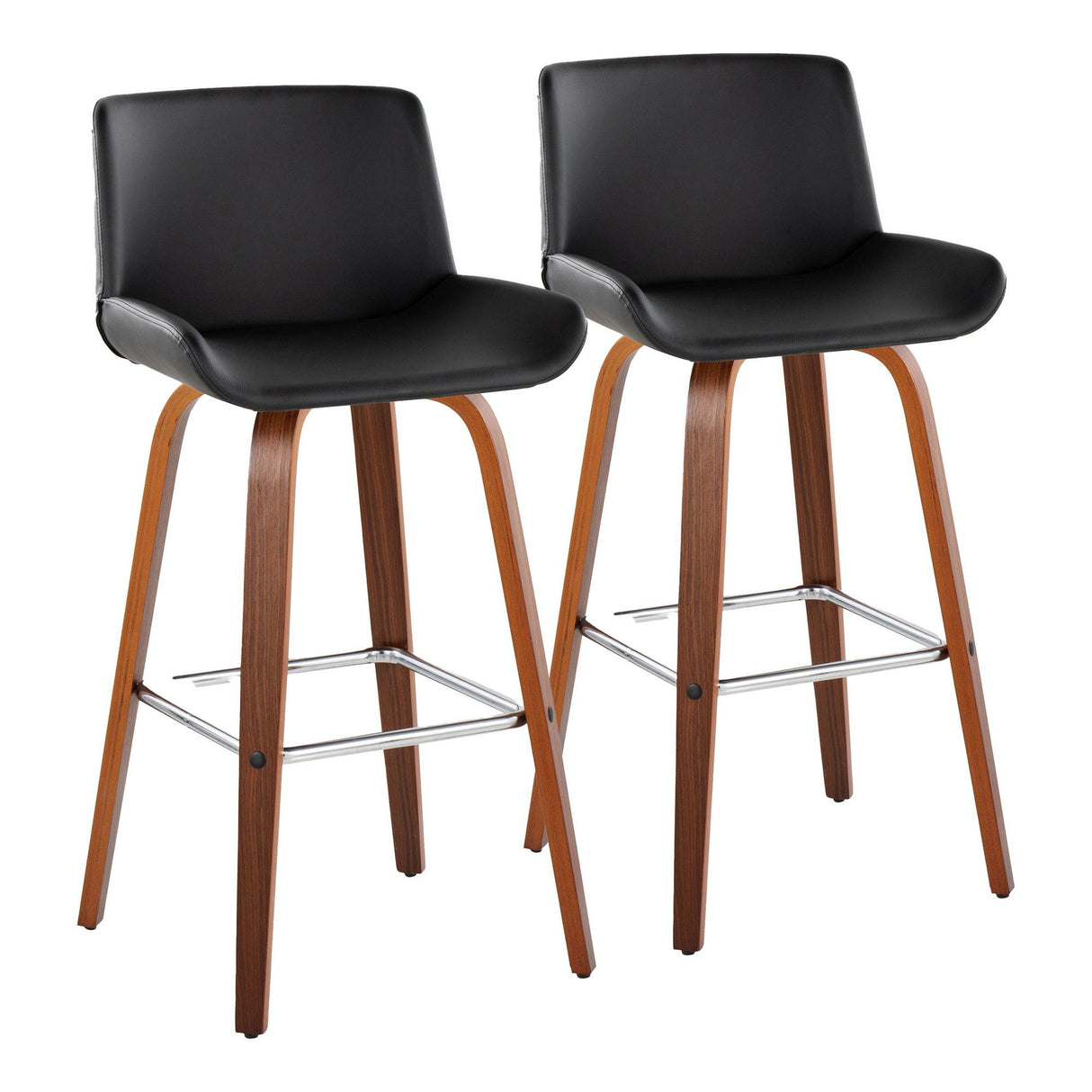 Santi - 30" Fixed-Height Barstool With Swivel And Square Chrome Metal Footrest (Set of 2) - Walnut Wood