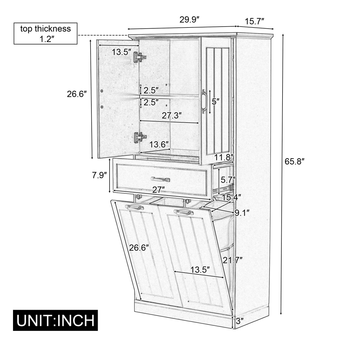 Modern Bathroom Storage Cabinet With Two Laundry Baskets, One Drawer, Adjustable Shelf