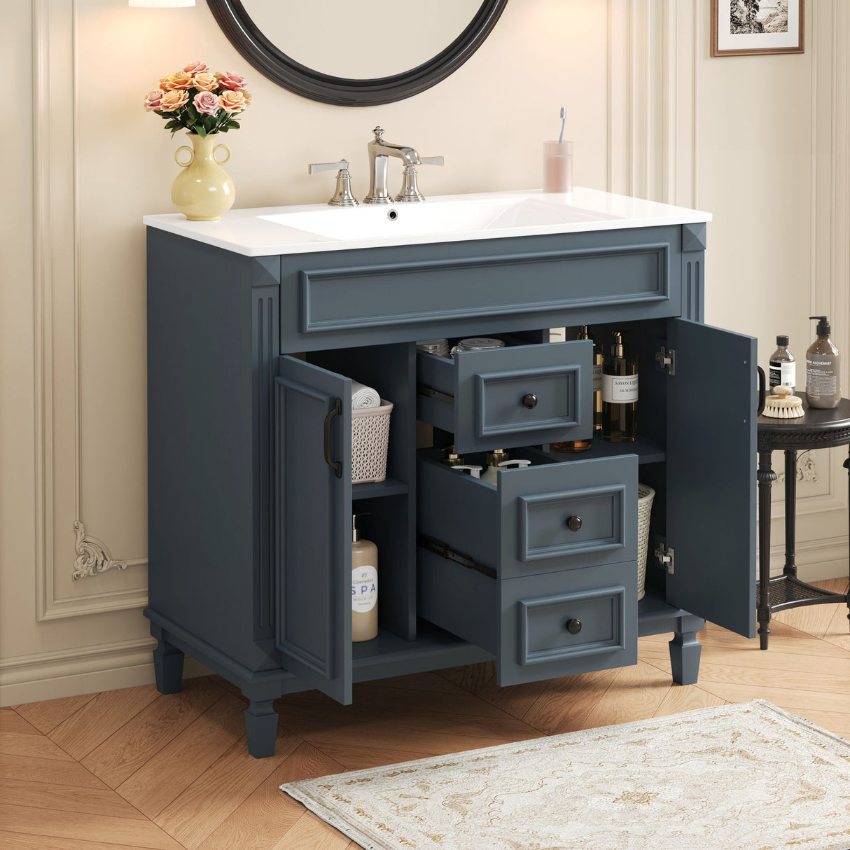 Bathroom Vanity With Top Sink, Basin On Cabinet With 2 Soft Closing Doors And 2 Drawers