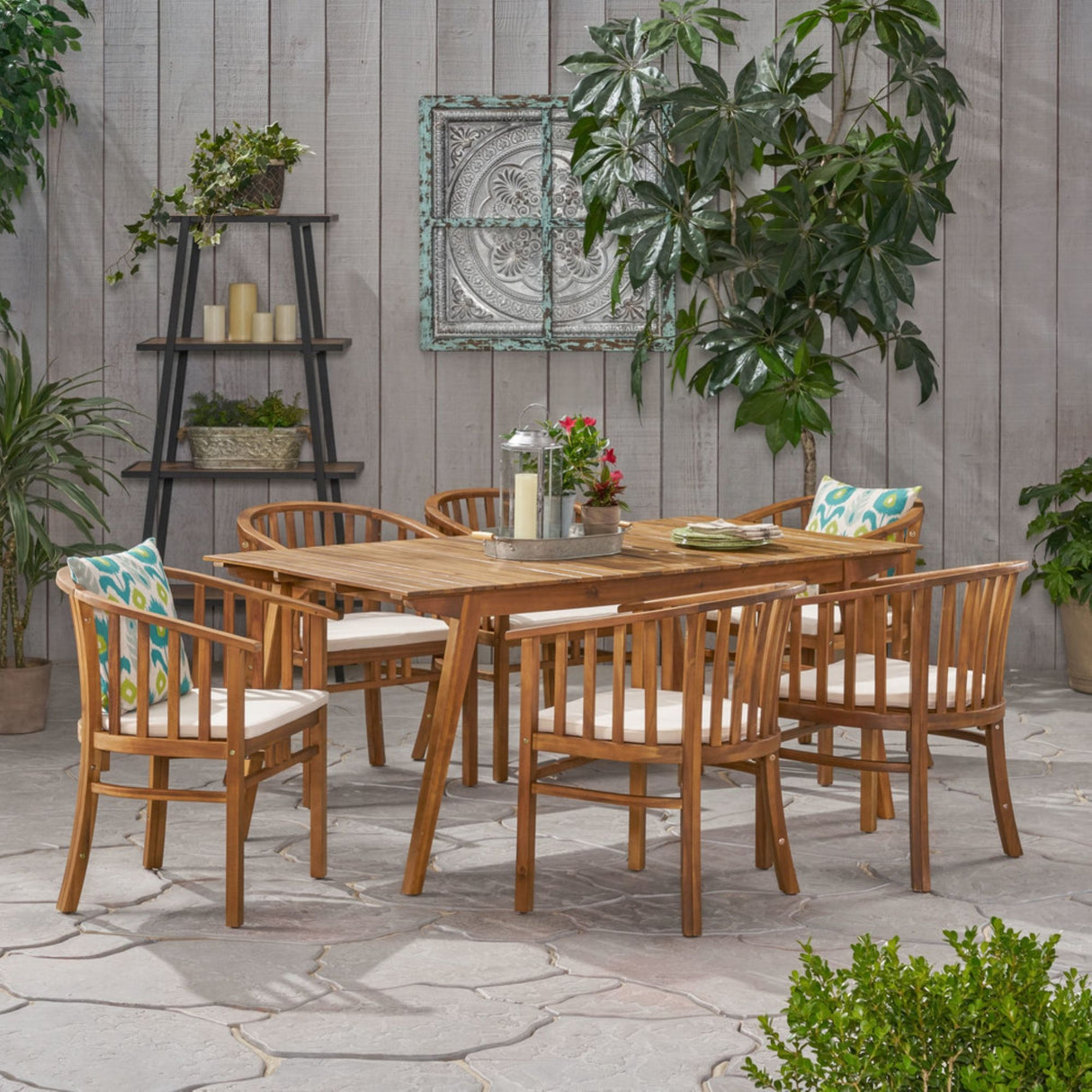 Outdoor 6 Seater Dining Set With Cushins - Cream