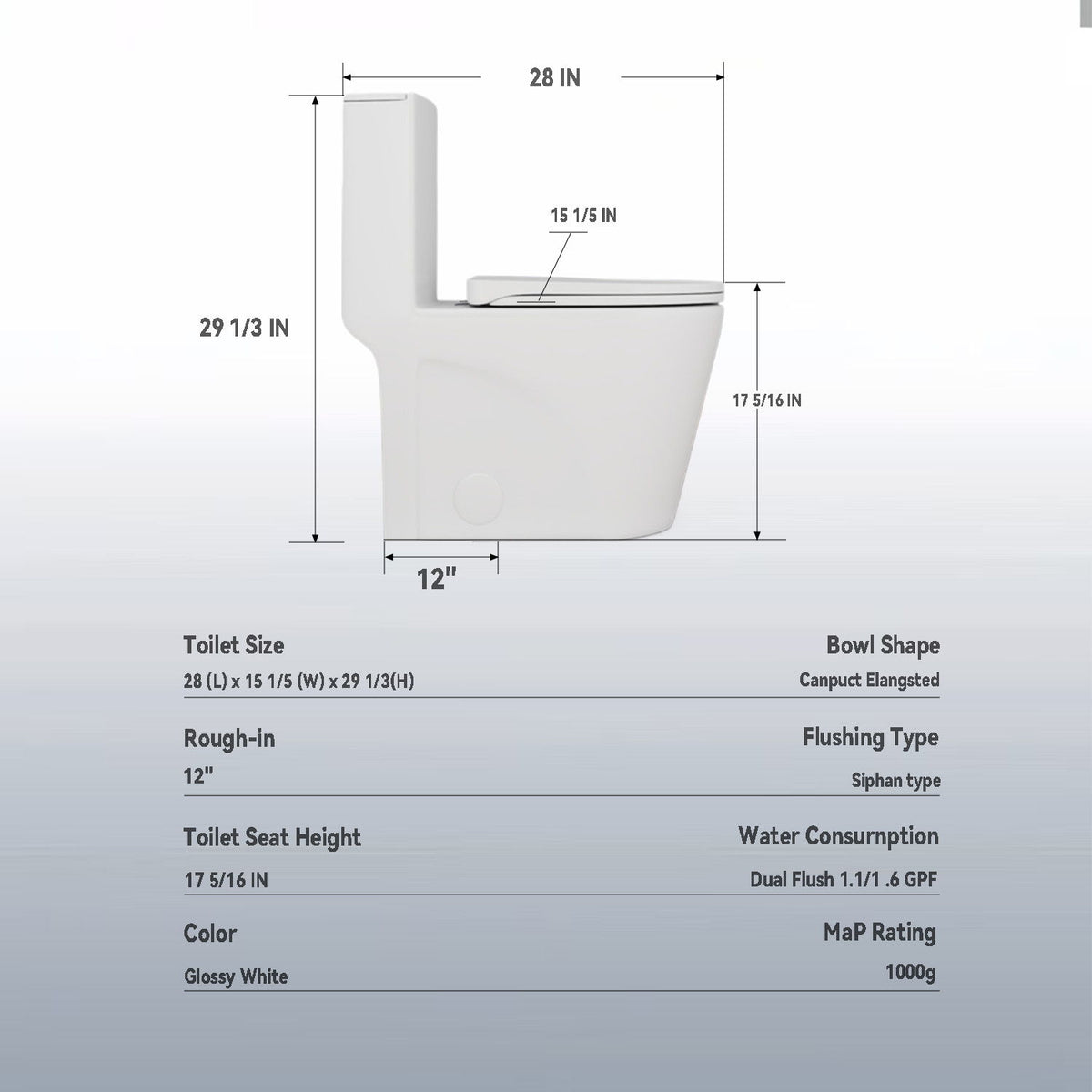 Upgraded Design Armrest, With Glossy Gw 007 1 Piece Toilet With Tornado Flush, Soft Close Seat, Dual Flush Map 1000G, Comfort Chair Seat - Gloss White