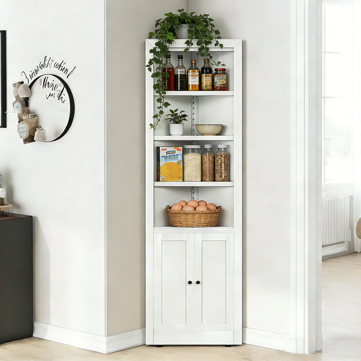 Tall Corner Storage Cabinet With 2 Doors, 5-Tier With Adjustable Shelves, Freestanding - White