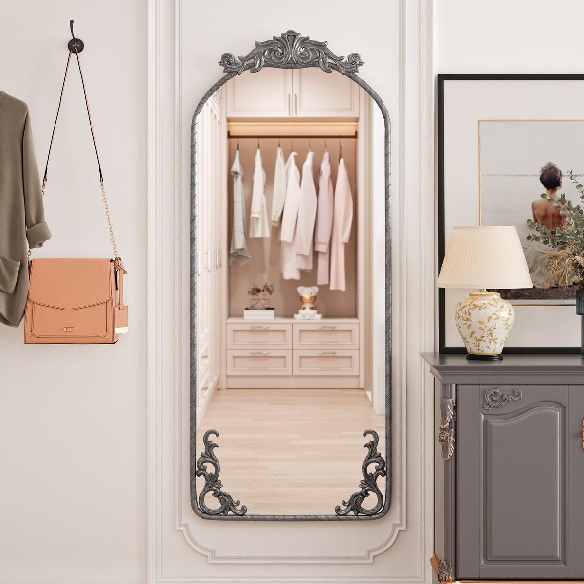 Full Body Arched Mirror With Vintage Carved Applique
