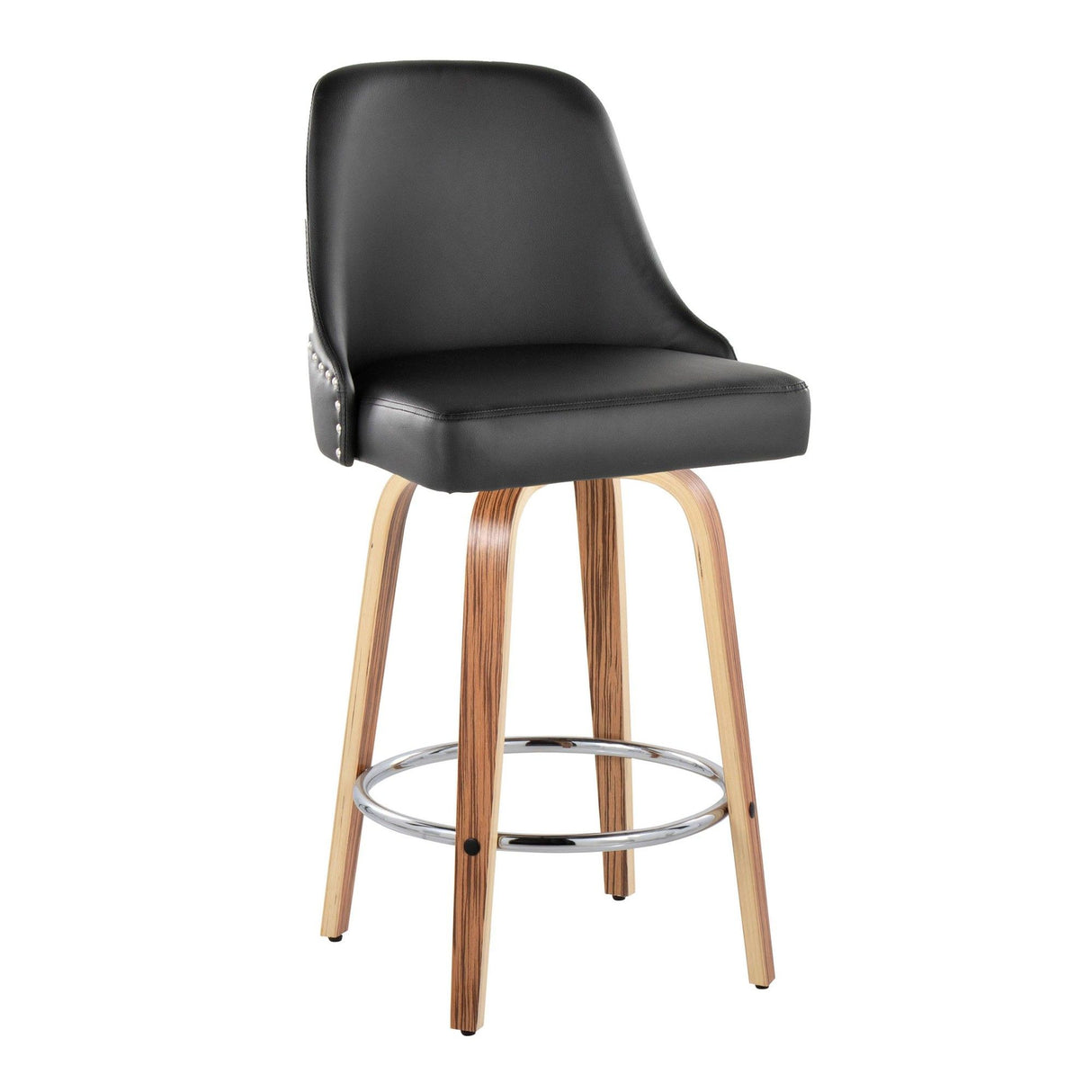 Marcel - 27" Fixed-Height Counter Stool With Swivel And Round Chrome Metal Footrest (Set of 2) - Zebra Wood And Black Faux Leather With Chrome Nailhead Trim